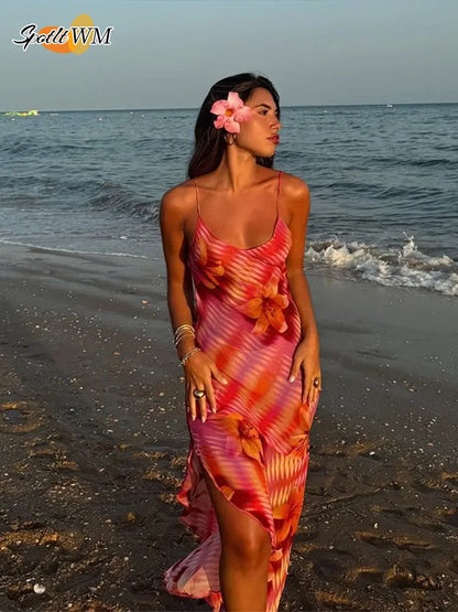 LVSANW Chic Flower Printed V Neck Beach Dress For Women Fashion Sleeveless Backless Ruffles Midi Dresses 2025 Summer Lady Holiday Robes