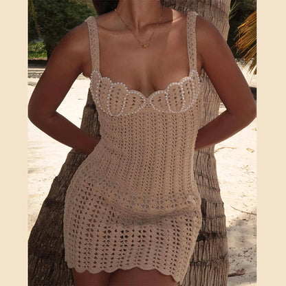 LVSANW Chic Pearl Decoration Knitted Mini Dress Women Slim Strap Sleeveless Backless Holiday Beach Dresses Female 2025 Spring Vestidos