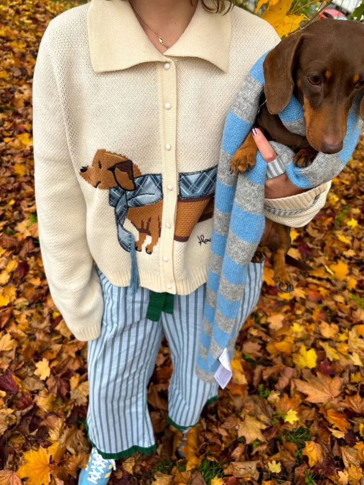 LVSANW Chic Puppy Pattern Knit Cardigan Long Sleeve V Neck Print Sweater Coat Animal Pattern Female Coat 2024 Autumn Lady Outerwear