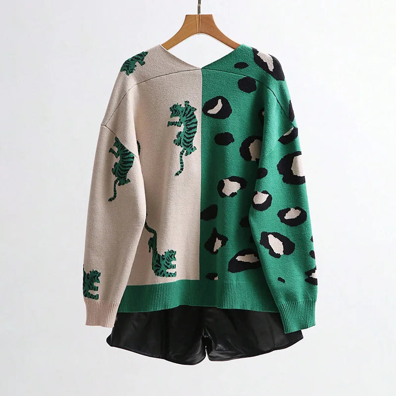 LVSANW Chic Puppy Pattern Knit Cardigan Long Sleeve V Neck Print Sweater Coat Animal Pattern Female Coat 2024 Autumn Lady Outerwear