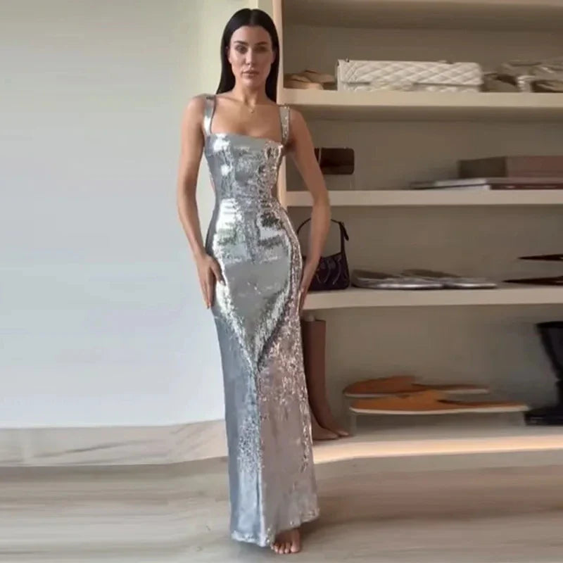 LVSANW Chic Sling Backless Silvery Maxi Dress Women Elegant High Waist Bodycon Sleeveless Dresses for Female Stylish Evening Party Robe