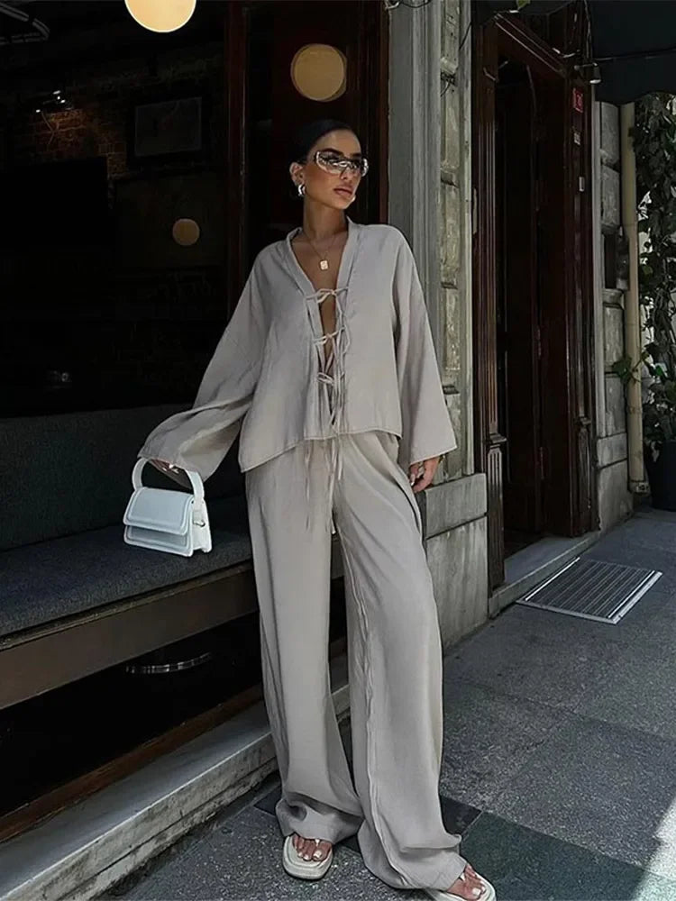 LVSANW Chic V Neck Hollow Out Lace Up  Long Sleeved Shirt Set Women Causal Loose Solid Wide Leg Pants Suit New Lady High Street Outfits