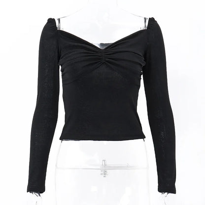 LVSANW Chic Y2K Crop Tops Women Sexy Ruched Low Cut V Neck Long Sleeve T Shirt Autumn Female Vintage Tees Korean Fashion