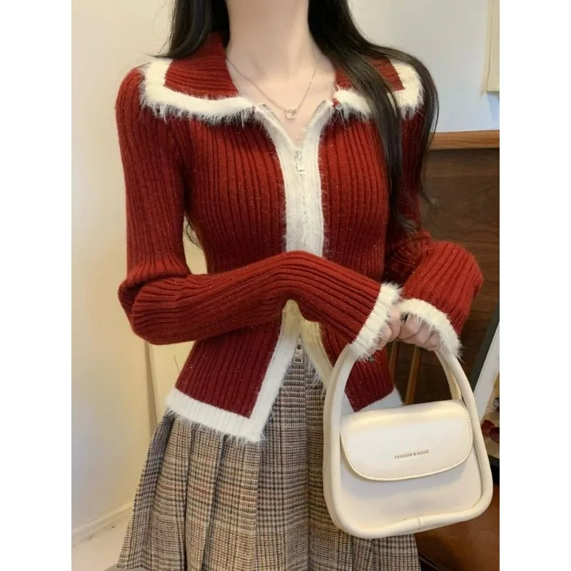 LVSANW Christmas Plush Knitted Cardigan Women's 2025 Autumn New Slim-fit Winter Double Zipper Sweater Chic Long-sleeved Top