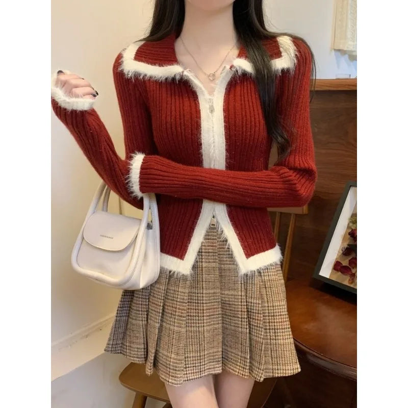 LVSANW Christmas Plush Knitted Cardigan Women's 2025 Autumn New Slim-fit Winter Double Zipper Sweater Chic Long-sleeved Top