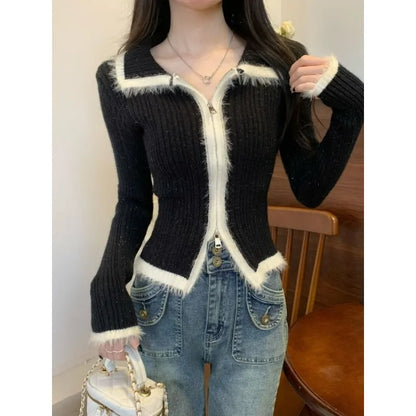 LVSANW Christmas Plush Knitted Cardigan Women's 2025 Autumn New Slim-fit Winter Double Zipper Sweater Chic Long-sleeved Top