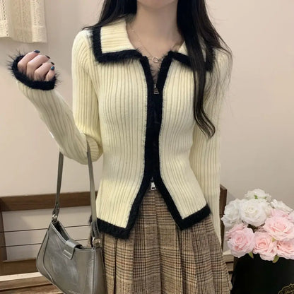 LVSANW Christmas Plush Knitted Cardigan Women's 2025 Autumn New Slim-fit Winter Double Zipper Sweater Chic Long-sleeved Top