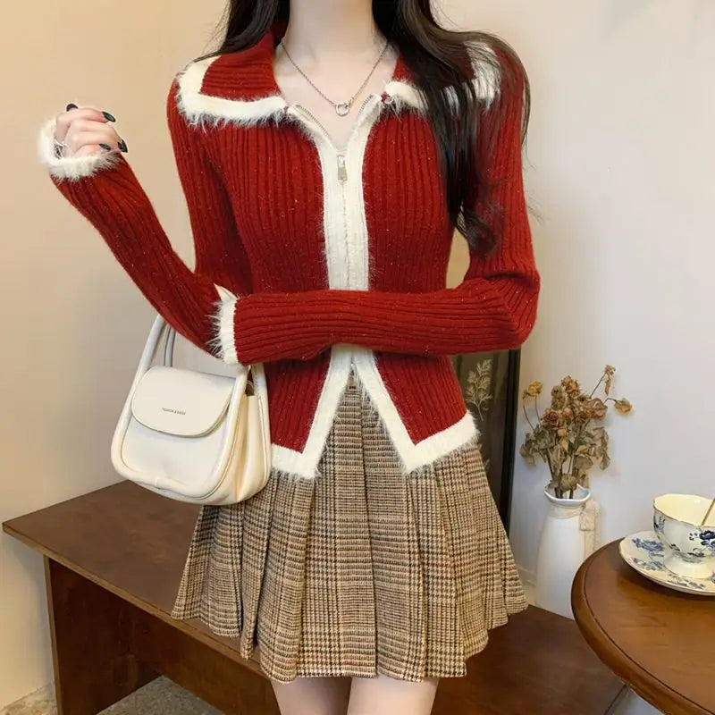 LVSANW Christmas Plush Knitted Cardigan Women's 2025 Autumn New Slim-fit Winter Double Zipper Sweater Chic Long-sleeved Top