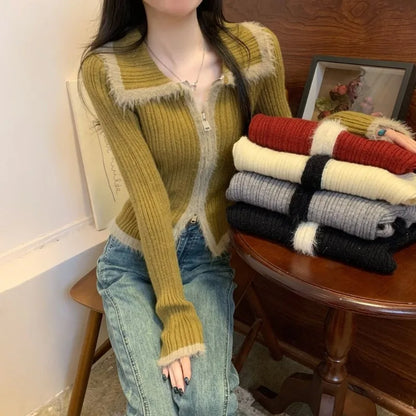 LVSANW Christmas Plush Knitted Cardigan Women's 2025 Autumn New Slim-fit Winter Double Zipper Sweater Chic Long-sleeved Top