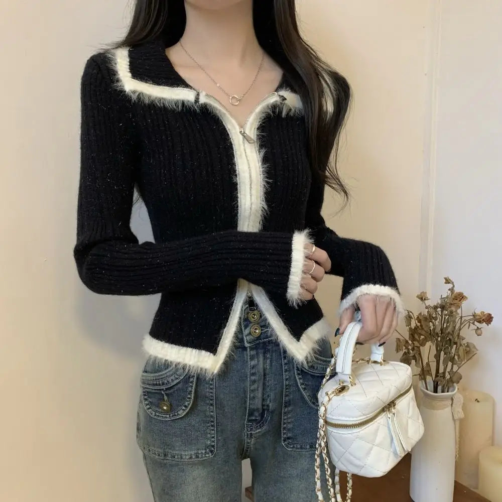 LVSANW Christmas Plush Knitted Cardigan Women's 2025 Autumn New Slim-fit Winter Double Zipper Sweater Chic Long-sleeved Top