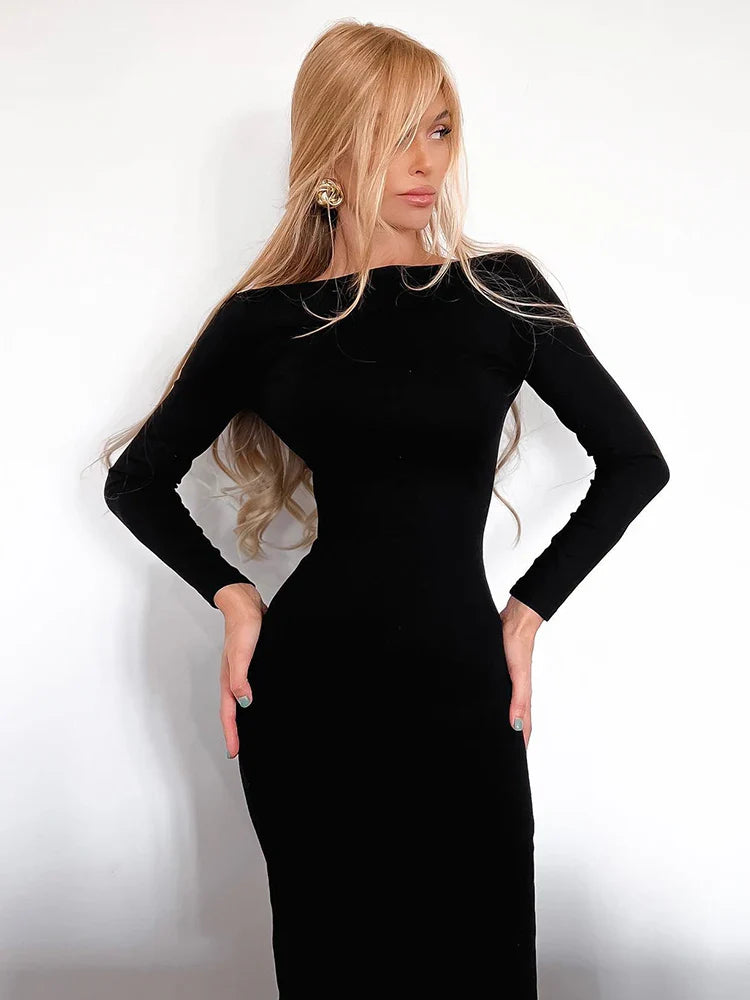 LVSANW Cnyishe Autumn Sexy Club Zippers Women Knee Length Dresses Slash Neck Long Sleeve Slim Sheath Casual Streetwear Vestdios Female