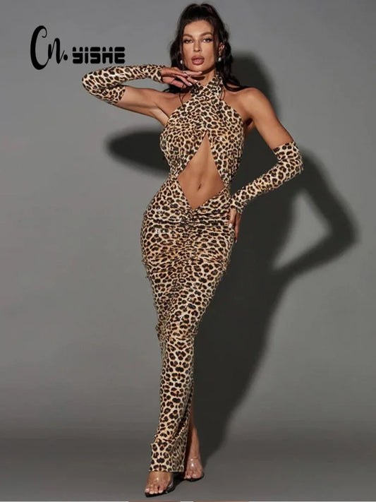 LVSANW Cnyishe Sexy Club Party Maxi Dresses Women Fashion Leopard Print Halter Hollow Out Slim Sheath Bodycon Vestidos Robes Female