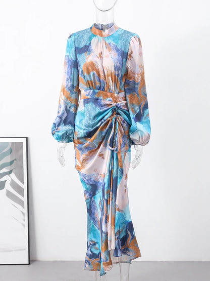 LVSANW Colorful Printed Pleated Dress Women Half High Collar Long Lantern Sleeves Dresses Female Fashion Drawstring Slim Commuter Robe