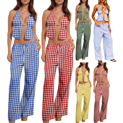 LVSANW Combhasaki Women's Pants Outfits Stripe/Solid Tie-Up Halter Neck Backless Sleeveless Tank Tops+ Wide-Leg Long Pants 2 Pieces Set