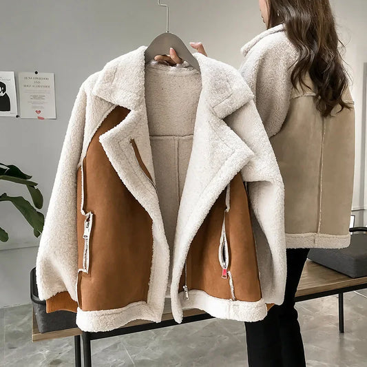 LVSANW Commuter Wind Casual Loose Lamb Wool Biker Jacket, Autumn and Winter New Suede Lapel Patchwork Zipper Thickening Jacket Women