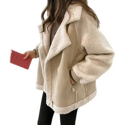 LVSANW Commuter Wind Casual Loose Lamb Wool Biker Jacket, Autumn and Winter New Suede Lapel Patchwork Zipper Thickening Jacket Women