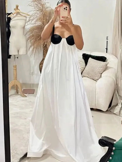 LVSANW Contrast Color Strap Maxi Dress Women Casual Backless Off-the-shoulder Loose Long Dresses Female 2024 Spring Party Holiday Robes