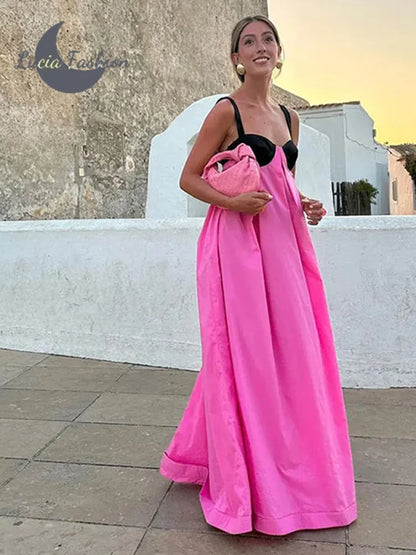 LVSANW Contrast Color Strap Maxi Dress Women Casual Backless Off-the-shoulder Loose Long Dresses Female 2024 Spring Party Holiday Robes