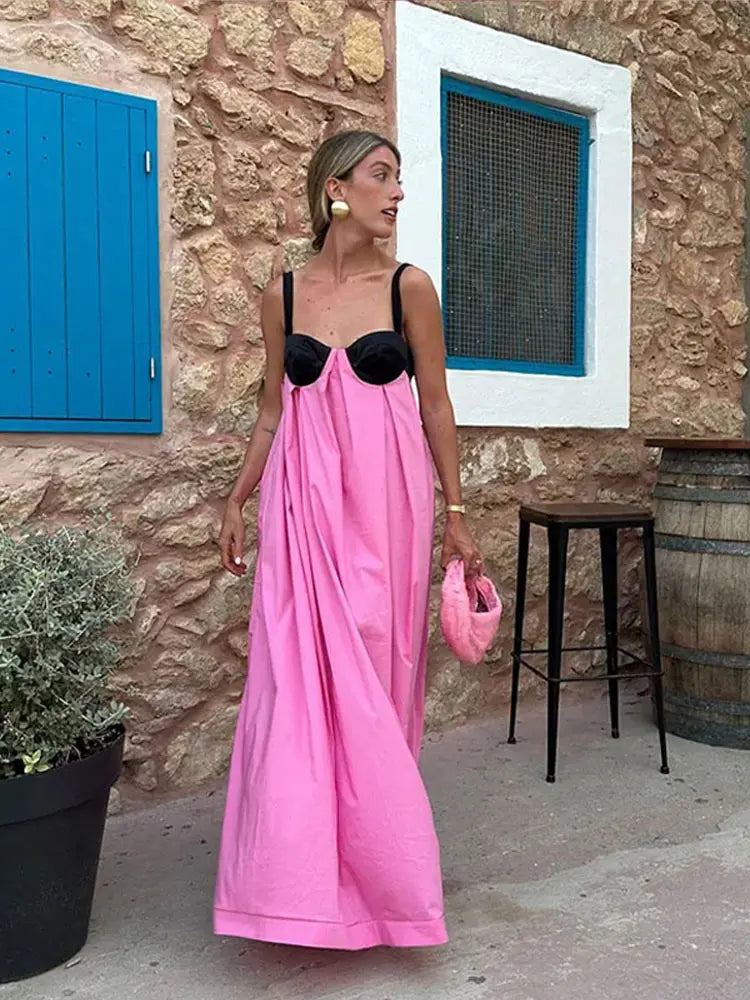 LVSANW Contrast Color Strap Maxi Dress Women Casual Backless Off-the-shoulder Loose Long Dresses Female 2024 Spring Party Holiday Robes