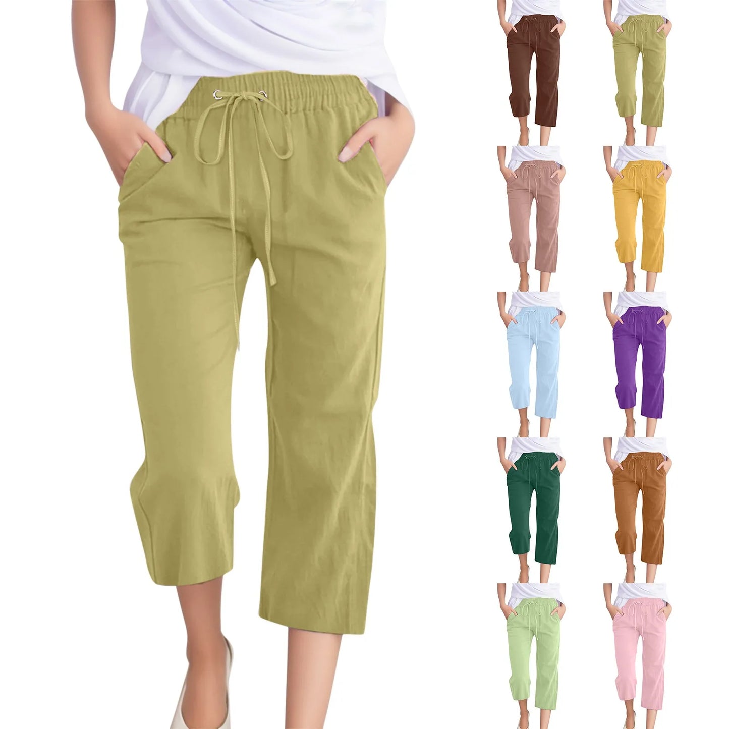 LVSANW Cotton Linen Capris Women Jogging Pants Classic Solid Color Bandage Pants Loose Double Pocket Trousers Leisure Streetwear