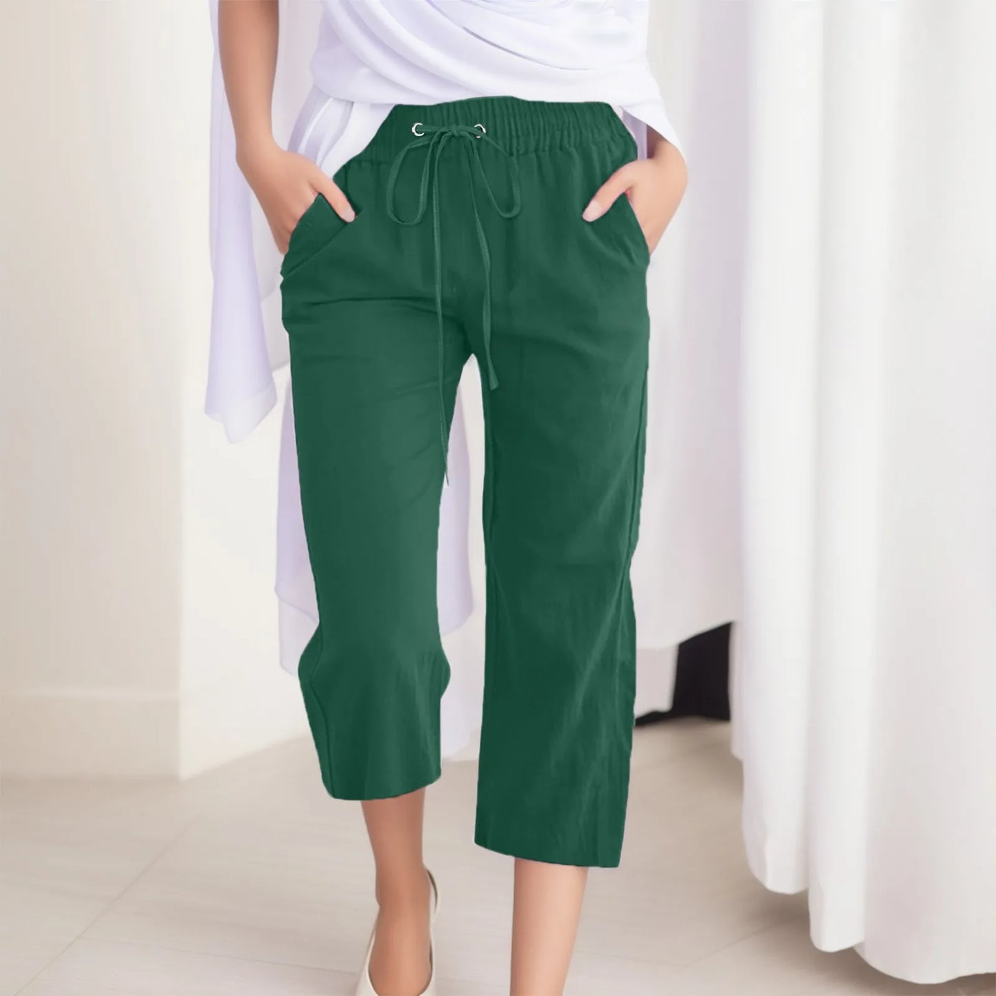 LVSANW Cotton Linen Capris Women Jogging Pants Classic Solid Color Bandage Pants Loose Double Pocket Trousers Leisure Streetwear