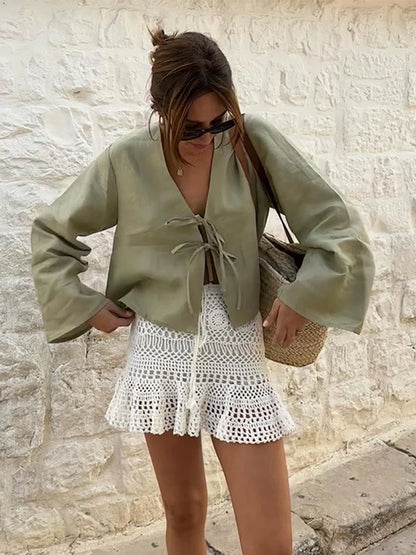 LVSANW Cotton Linen Lace Up Bow Shirts Women Loose Hollow Out V Neck Long Sleeve Tops Female 2024 Spring New Lady Streetwear Top