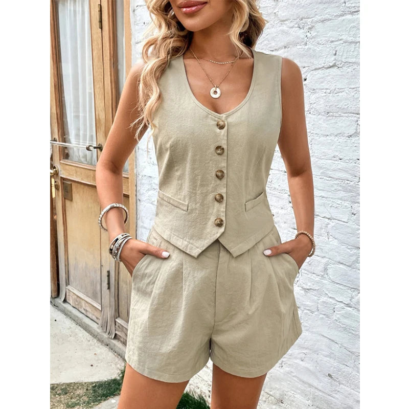 LVSANW Cotton Shorts Sets for Women 2 Pieces Sexy Sleeveless Single Breasted Vest Top + Shorts Suit Elegant Office Lady Tracksuit