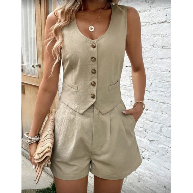 LVSANW Cotton Shorts Sets for Women 2 Pieces Sexy Sleeveless Single Breasted Vest Top + Shorts Suit Elegant Office Lady Tracksuit