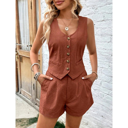 LVSANW Cotton Shorts Sets for Women 2 Pieces Sexy Sleeveless Single Breasted Vest Top + Shorts Suit Elegant Office Lady Tracksuit