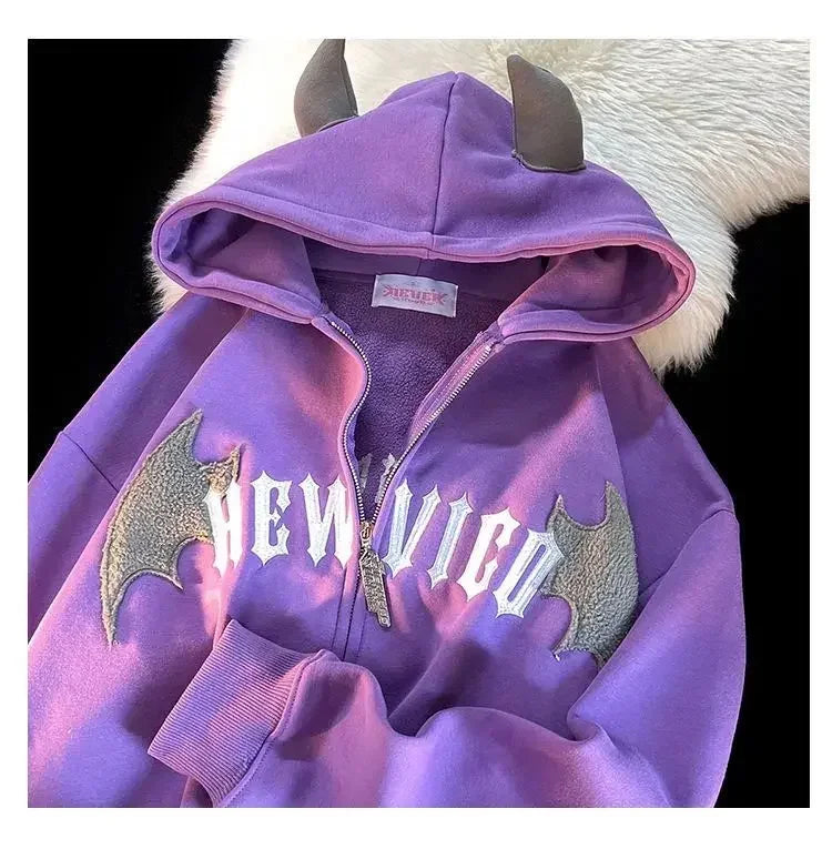 LVSANW Couples Winter Devil Bread Clothing Casual Hooded Jacket Embroidered Cotton-padded Y2K Jackets Coats New Jacket In Winter 2025