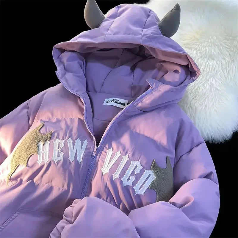 LVSANW Couples Winter Devil Bread Clothing Casual Hooded Jacket Embroidered Cotton-padded Y2K Jackets Coats New Jacket In Winter 2025