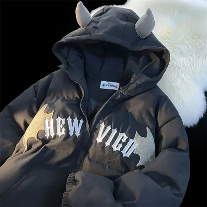 LVSANW Couples Winter Devil Bread Clothing Casual Hooded Jacket Embroidered Cotton-padded Y2K Jackets Coats New Jacket In Winter 2025