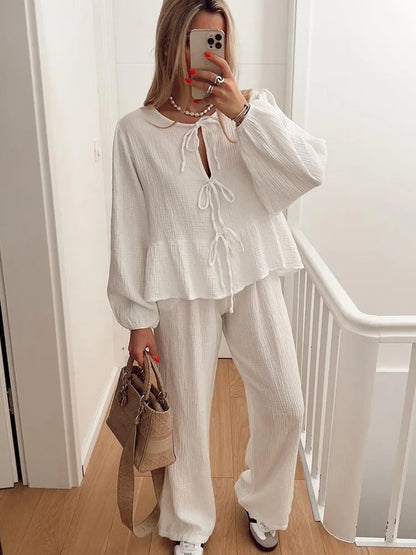 LVSANW Crape Leopard Shirts Pants Suit Women Lace Up O-neck Long Sleeve Loose Shirt And Elastic High Waist Trousers 2 Pieces Set Spring