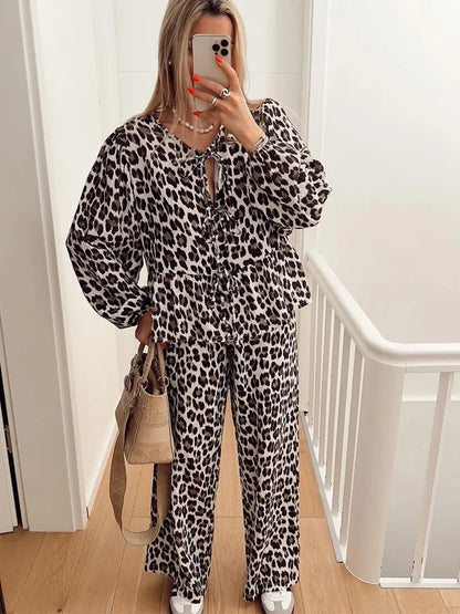 LVSANW Crape Leopard Shirts Pants Suit Women Lace Up O-neck Long Sleeve Loose Shirt And Elastic High Waist Trousers 2 Pieces Set Spring