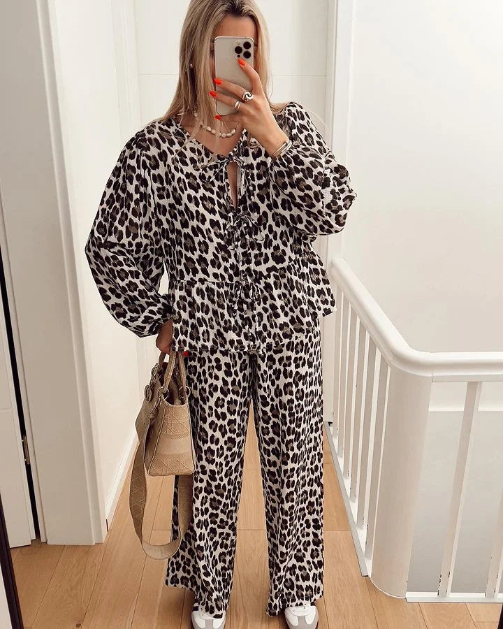 LVSANW Crape Leopard Shirts Pants Suit Women Lace Up O-neck Long Sleeve Loose Shirt And Elastic High Waist Trousers 2 Pieces Set Spring