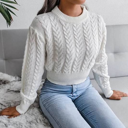 LVSANW Crop Cable Knit White Sweater Long Sleeve Crew Neck Pullover Women Jumper Soft Girls Autumn Winter  Thick & Warm Knitwear