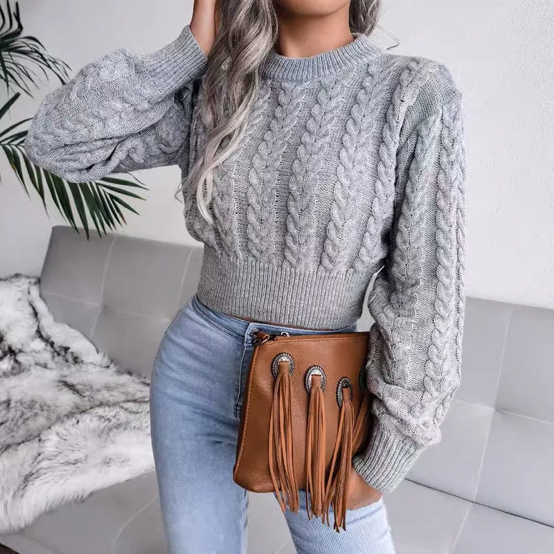 LVSANW Crop Cable Knit White Sweater Long Sleeve Crew Neck Pullover Women Jumper Soft Girls Autumn Winter  Thick & Warm Knitwear