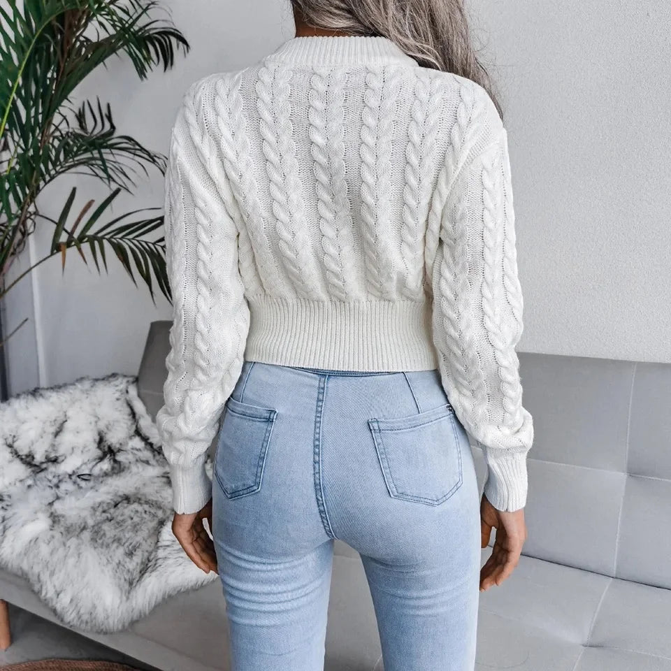 LVSANW Crop Cable Knit White Sweater Long Sleeve Crew Neck Pullover Women Jumper Soft Girls Autumn Winter  Thick & Warm Knitwear