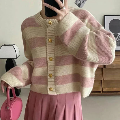 LVSANW Cropped Cardigan Women Striped Knitted Single Breasted Sweater Long Sleeve Loose Panelled O-Neck Sweet Autumn Winter Top