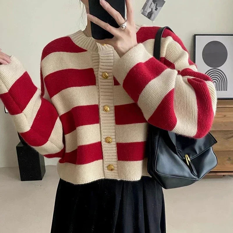 LVSANW Cropped Cardigan Women Striped Knitted Single Breasted Sweater Long Sleeve Loose Panelled O-Neck Sweet Autumn Winter Top