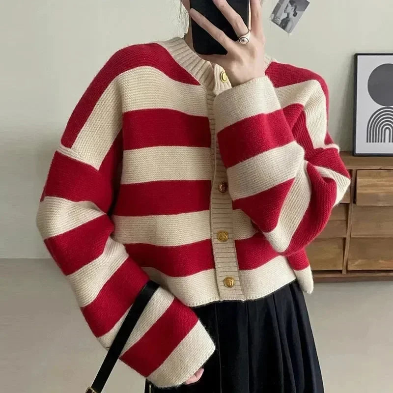 LVSANW Cropped Cardigan Women Striped Knitted Single Breasted Sweater Long Sleeve Loose Panelled O-Neck Sweet Autumn Winter Top