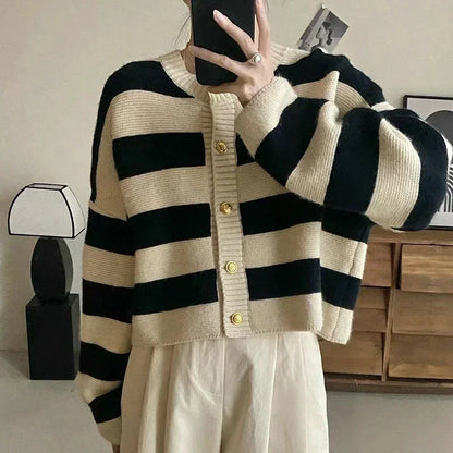 LVSANW Cropped Cardigan Women Striped Knitted Single Breasted Sweater Long Sleeve Loose Panelled O-Neck Sweet Autumn Winter Top