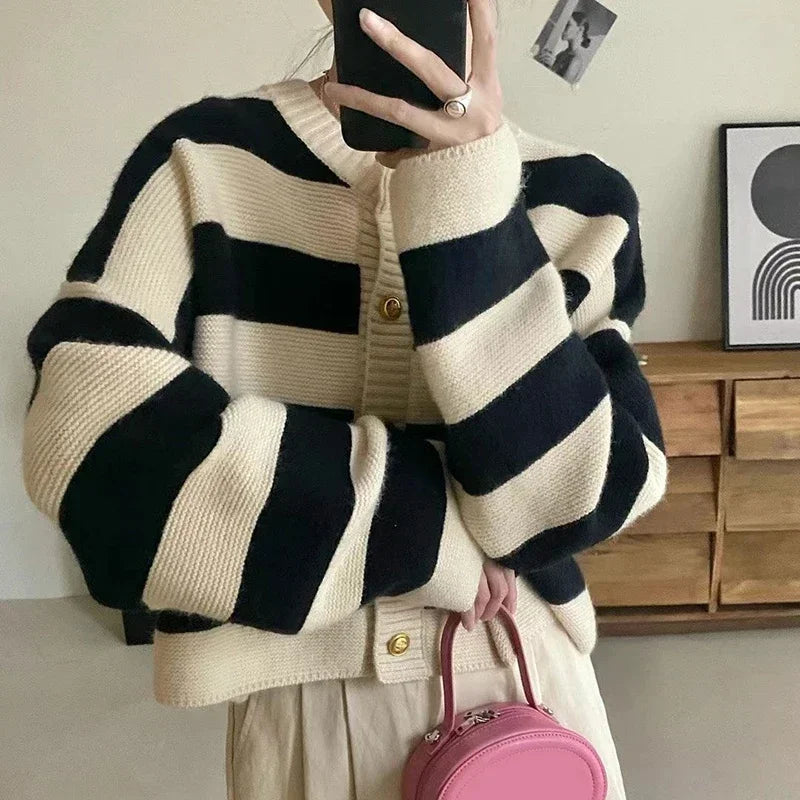 LVSANW Cropped Cardigan Women Striped Knitted Single Breasted Sweater Long Sleeve Loose Panelled O-Neck Sweet Autumn Winter Top