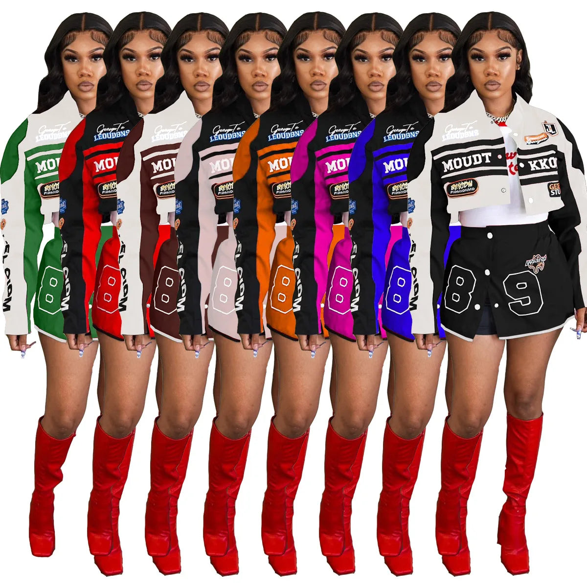 LVSANW Cropped Jacket 2 Piece Skirt Sets Y2K Streetwear Winter Clothes Women Cyber Racer Varsity Jackets Sexy Two Piece Skirt Sets