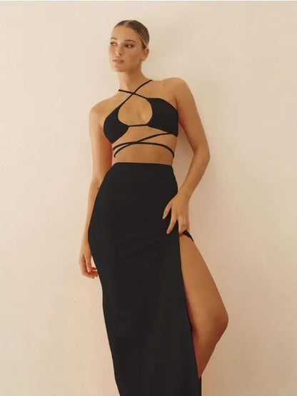 LVSANW Cryptographic Bandage Cut Out Sexy Halter Neck Top and Skirts Set Gathered Elegant Club 2024 Summer Outfits Split Two Piece Set