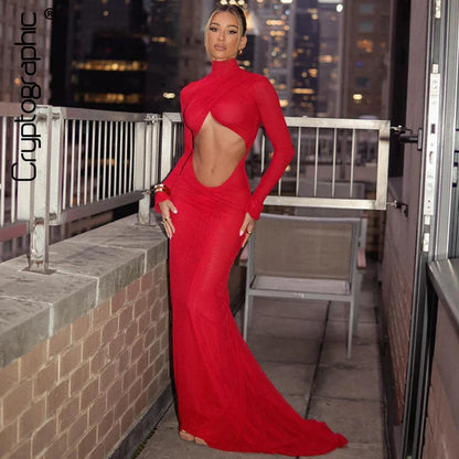 LVSANW Cryptographic Elegant Red Cut Out Maxi Dress for Women Party Club Outfits Long Sleeve Ruched Sexy Backless Gown Birthday Dresses