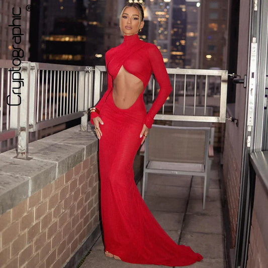 LVSANW Cryptographic Elegant Red Cut Out Maxi Dress for Women Party Club Outfits Long Sleeve Ruched Sexy Backless Gown Birthday Dresses