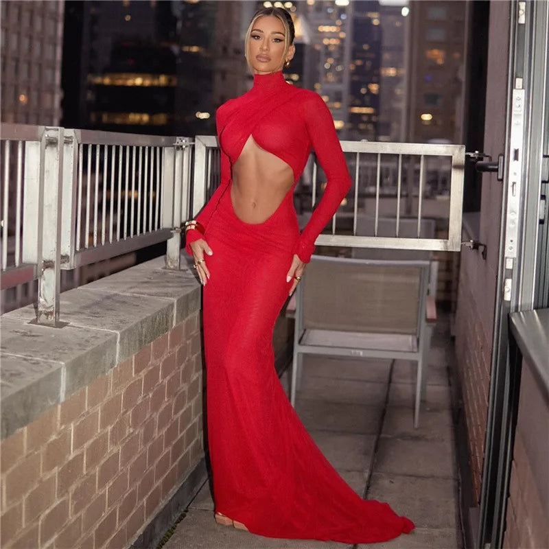 LVSANW Cryptographic Elegant Red Cut Out Maxi Dress for Women Party Club Outfits Long Sleeve Ruched Sexy Backless Gown Birthday Dresses