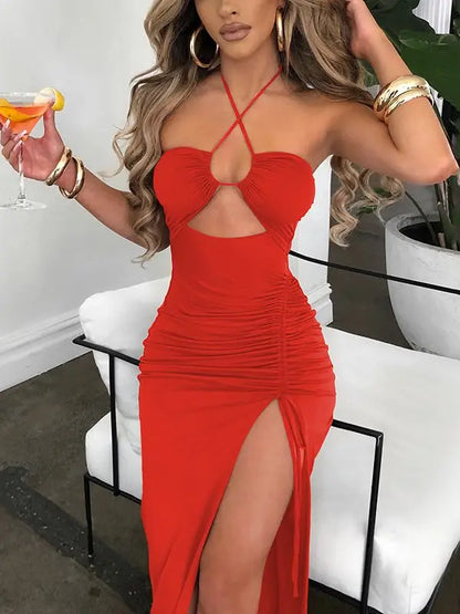 LVSANW Cryptographic Hot Summer Sexy Halter Backless Sleeveless Cut Out Maxi Dress for Women Elegant Club Party Slit Dresses Vestido