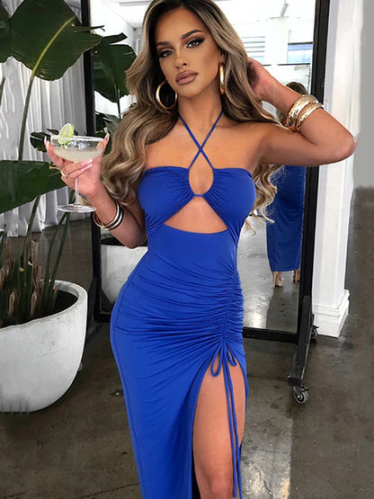 LVSANW Cryptographic Hot Summer Sexy Halter Backless Sleeveless Cut Out Maxi Dress for Women Elegant Club Party Slit Dresses Vestido